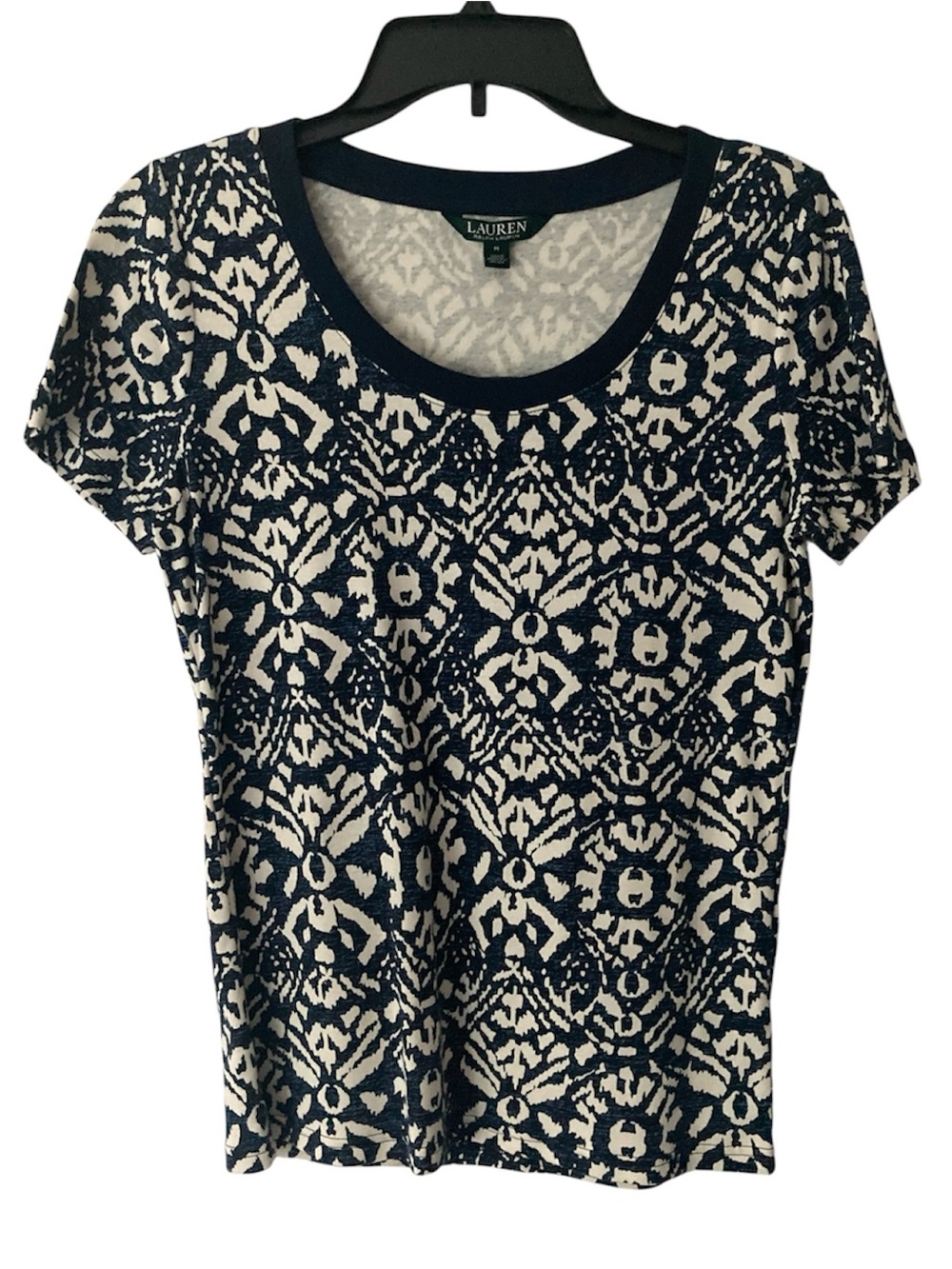 Lauren Ralph Lauren Blue & White Patterned Short Sleeve Top M